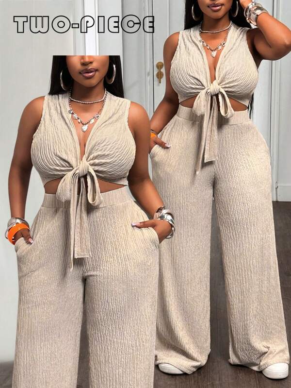 Slaydiva 2025 Noutate Primăvară/Vară Mărimi Plus Size Femei Retro Western/Tropical/Festival de Muzică/Club/Excursie cu Mașina/Stațiune/Casual/Urban Vacanță/Data Absolvirii/Elegant Stațiune/Zilnic Basic Femei Stațiune Set 2 Piese - Top Crop Fără Mâneci, Deschis în Față, Cu Curea Și Pantaloni Lați cu Tală Înaltă și Buzunare