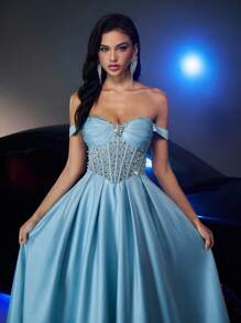 Glamrae Váy Maxi đuôi cá chữ A đính cườm lưới xuyên thấu sang trọng màu xanh da trời thanh lịch có cổ áo jacquard có đính hạt và cạp chun có thể điều chỉnh, phù hợp cho các buổi hẹn hò, sinh nhật, sự kiện trang trọng, đám cưới, tốt nghiệp, dạ hội, tiệc tối - Màu xanh nhạt - Xem 3