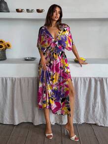Robe de vacances sexy à col en V, manches chauve-souris, fente latérale, imprimé floral pour femmes
