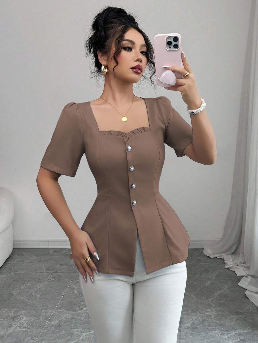 Lyxana Áo cánh chữ A tay ngắn thanh lịch, trang trọng, cổ vuông, viền bèo nhún, màu trơn dành cho nữ mặc đi nghỉ và đi làm - màu nâu - Xem 1