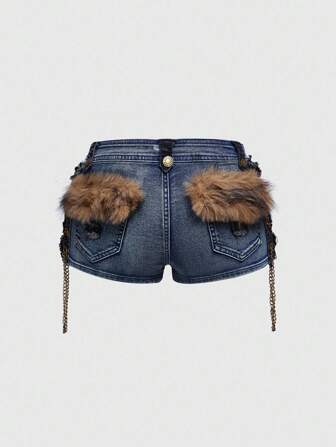 J-Fashion Damen Y2K Retro Harajuku Mix-Farbe Fellimitat Taille Mini Skinny Sexy Denim Shorts