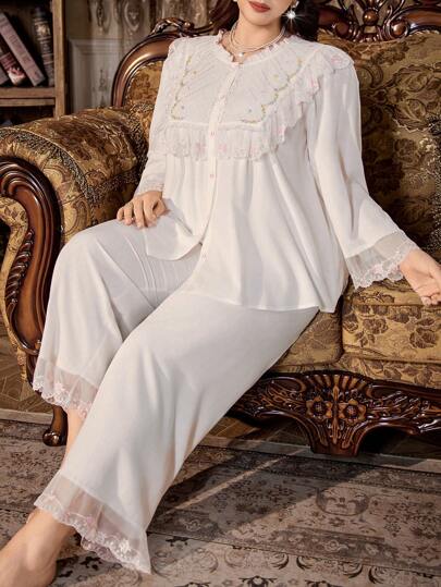 PalaceNights Ensemble pyjama grande taille avec Top à manches longues et pantalon, avec broderie florale et volants, pour l'automne et l'hiver