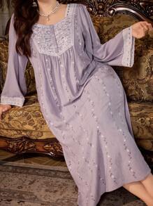 PalaceNights Plus Size Women's Long Sleeve Ditsy Floral Nightgown, Fall, Winter - Mauve Purple - View 1