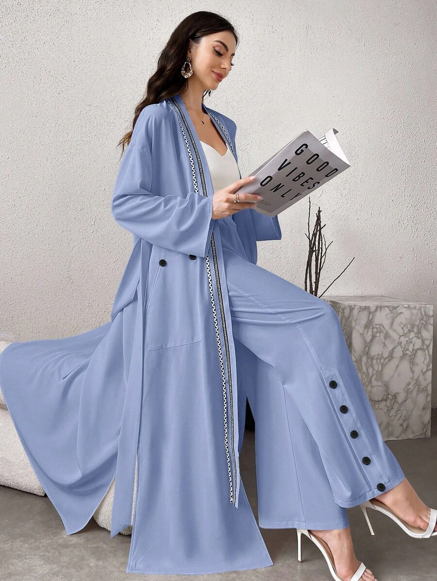 Al Najma 2pcs Women's Elegant Ribbon Patchwork Long Jacket And Pants Set, Spring Autumn, Work/Elegant/Casual/Modest Style, Abaya Set 2 Pieces Set Fall Cloth For Women - Baby Blue - View 1