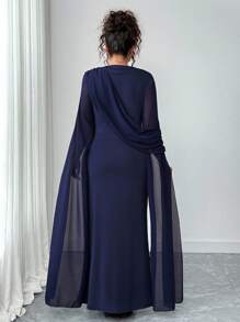 Elenzga 大码修腰优雅长款雪纺长袍连衣裙，海军蓝 - 藏蓝色 - 查看 2