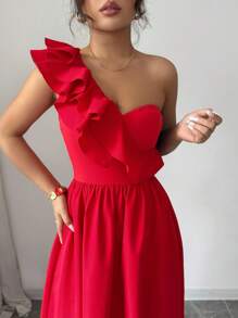 Rafferiza Vestido de estilo europeo y americano de última moda para mujer, sin mangas, con cuello en V, dobladillo con volantes y abertura - Rojo - Ver 8