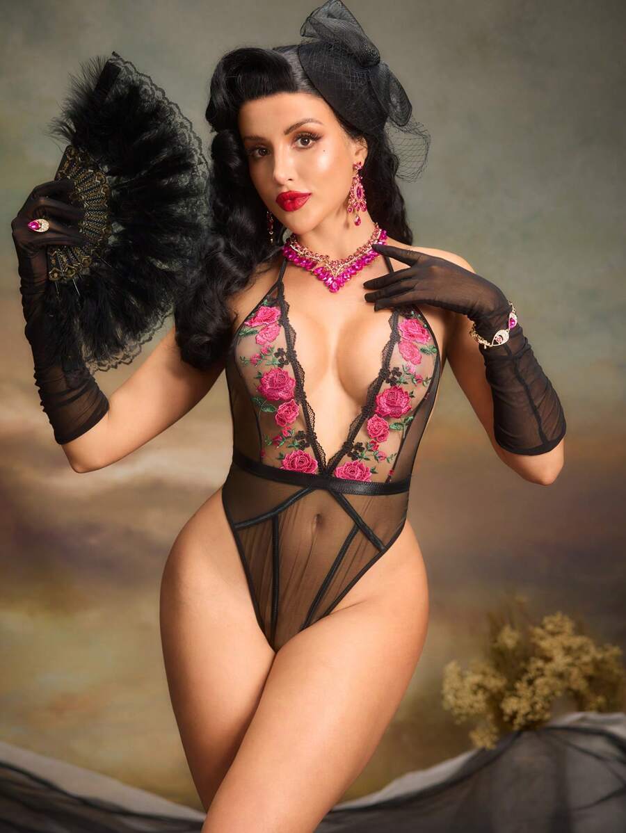 SHEIN 花卉刺繡網眼領口性感連體背心