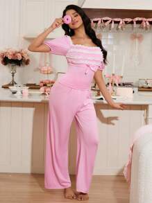 女士蕾丝边短袖睡衣套装，甜美可爱 - 彩色 - 查看 6