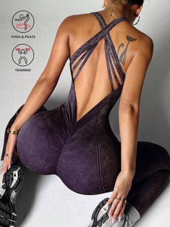 Slayform 1 pieza Mono deportivo para mujer con cuello en V y cruce de tirantes en la espalda, efecto lavado mate, para Año Nuevo Chino