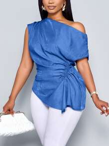 SOLERSUN 女式新款简约优雅牛仔蓝仿牛仔不对称领口褶皱侧抽绳褶皱衬衫