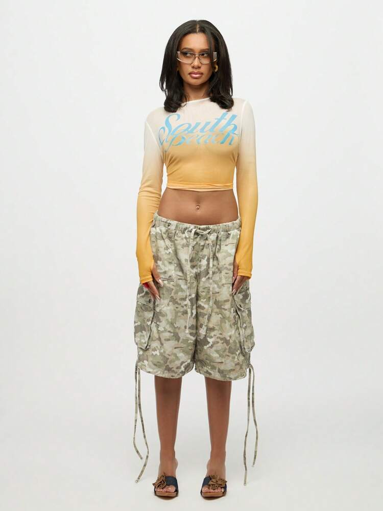 SUMWON WOMEN Long Sleeve Mesh Crop Top With Ombre Gradient Print