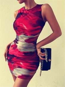 Chiquease Women Summer Tie Dye Print Sleeveless Ruched Bodycon Tank Dress For New Year Clothes