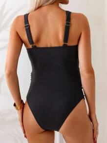 SHEIN 25SS Summer Beach Basic High Waist Cross Maternity Swimsuit Set - Black - View 2