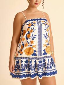 CAJUNI 大码女式波西米亚风热带蓝黄花卉印花细肩带露背系带休闲迷你沙滩夏装 - 彩色 - 查看 3