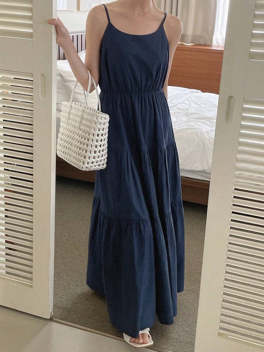 DAZY 女士休闲夏季纯色吊带中长连衣裙 - 藏蓝色 - 查看 1