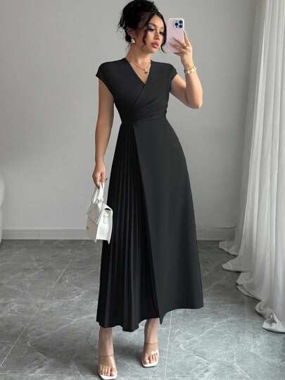 Elenzga 女士优雅简约 V 领收腰不对称下摆长裙，适合通勤、办公室、休闲、度假、下午茶、纯色、春夏季