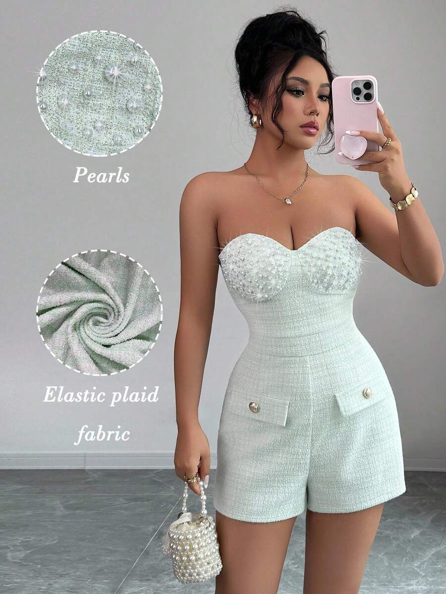 Elenzga 女式无袖格子珍珠装饰优雅连体衣 - 綠色 - 查看 1