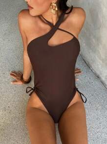 Aloruh Women's One-Piece Swimsuit, Elegant & Sexy Solid Color Crisscross Bandage Open Side High Slit One-Piece Swimsuit, Beach Vacation Outfit,Swimsuits For Woman,Bathing Suits For Women,Bathing Suit,Swimsuits,Bathing Suits,Swim Suits For Women Swimwear,Swim Suit,One Piece Bathing Suit,1 Piece,One Piece Swimsuit