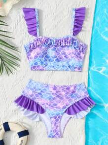 SHEIN Leap Crew 青少年女孩度假休闲沙滩装鱼鳞印花泳衣套装 - 淡紫色 - 查看 1