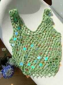 SHEIN EZwear Women's Summer Vacation Hand-Crocheted Heavy Beaded Camisole Sexy Tops Women