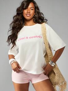 MISSGUIDED Lässiges Sommer-Statement-T-Shirt mit Western-inspiriertem Motiv "Cool It Cowboy" in Oversize-Passform - Weiss - Übersicht 1