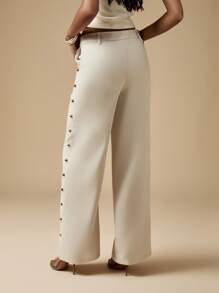MISSGUIDED Professional Wide Leg Palazzo Pants Side Button Detail Statement Trousers Evening Formal Office Wear - Khaki - View 2