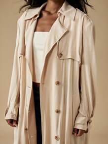 MISSGUIDED Luxury Linen Feel Oversized Trench Coat Double Breasted Maxi Length Spring Fall Fashion Outerwear Classic Casual Elegant