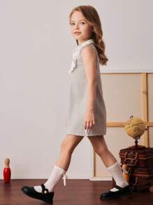 PrepCrw Vestido de niña con estilo preparatorio, bloque de color, cuello, botón frontal y sin mangas - Multicolor - Ver 3