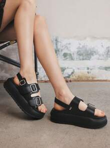 Sugerpunk Women's Gothic Punk Rock Open Toe Roman Beach Sandals, Adjustable Strap Student Wedge Platform Sandals - Black - View 7