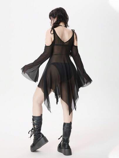 Goth Vestido tipo faldón con mangas abombadas de malla, bajo asimétrico, estilo gótico