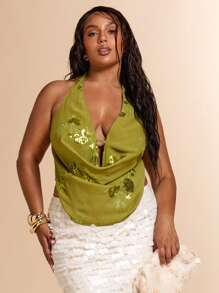 SHEIN BAE Plus Size Women Green Beaded Embroidered Halter Neck Sleeveless Top, Summer Vacation Beach - Green - View 1