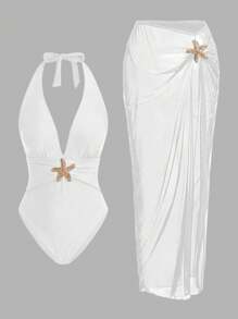 Swim Oasis 1 buah Baju Renang Terusan Elegan dan Romantis dengan Dekorasi Bintang Laut, Set Mewah, Liburan Musim Panas - Putih - View 7