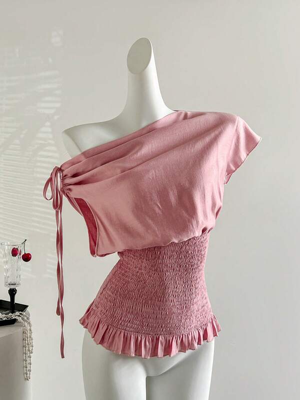 Sweetra Asymmetrical Pink Asymmetric Shoulder Lightweight Summer Blouse For Women, Soft And Stylish