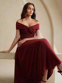 Anewsta 露肩优雅性感酒红色紧身连衣裙，适合婚礼、毕业典礼等场合