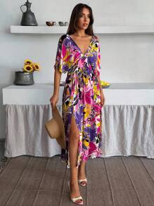 Robe de vacances sexy à col en V, manches chauve-souris, fente latérale, imprimé floral pour femmes