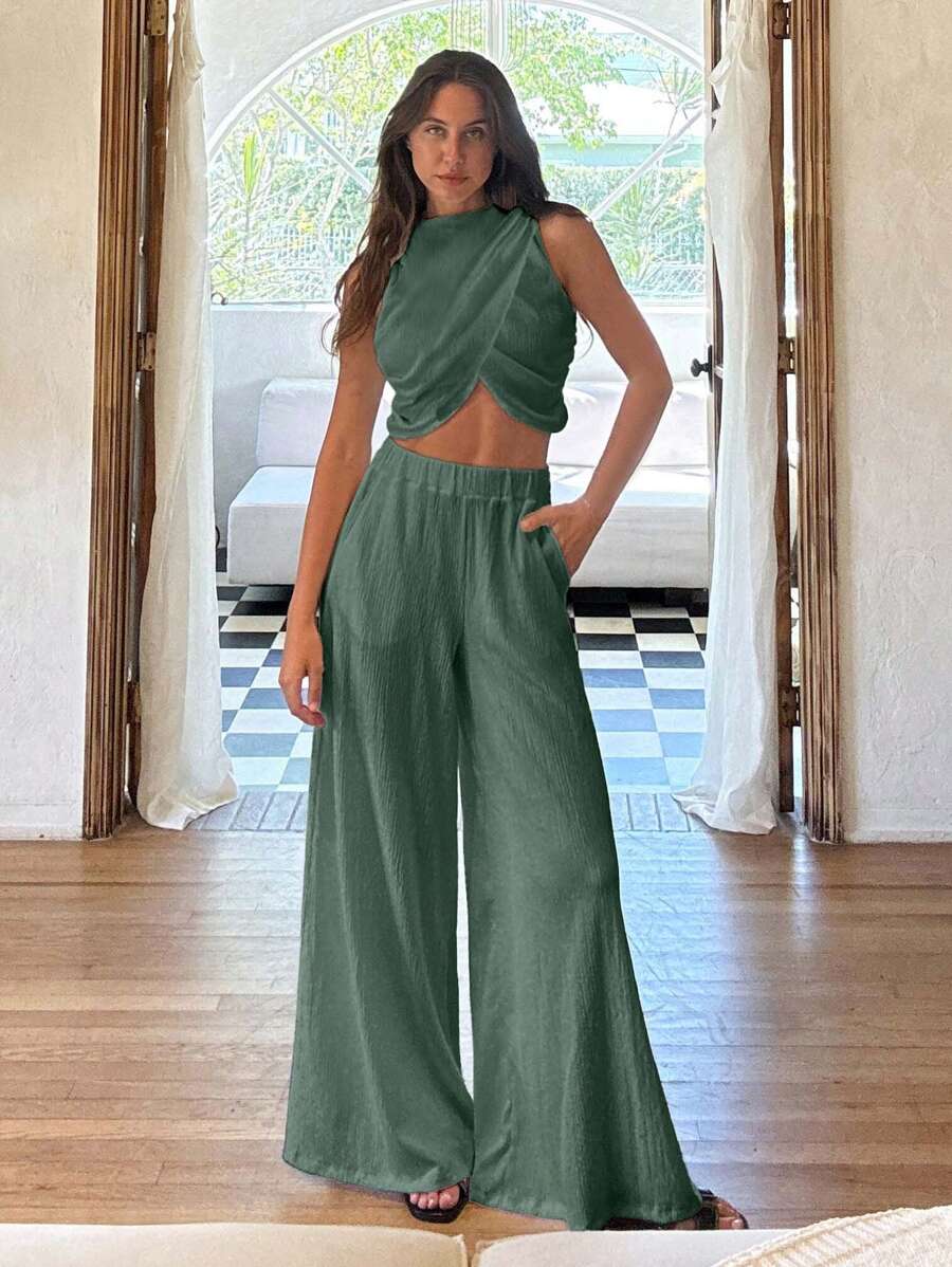 Cloudara Conjunto de top corto drapeado de cuello redondo y Bottom a juego, un estilo sencillo y elegante - verde menta - Ver 1