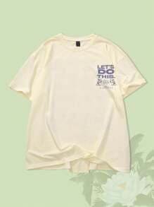 ROMWE MEN The White Lotus Men's Ivory Tee With Lotus Graphic, Suitable For Spring/Summer, Cartoon Style Minimalist Line Art - Khaki - View 4