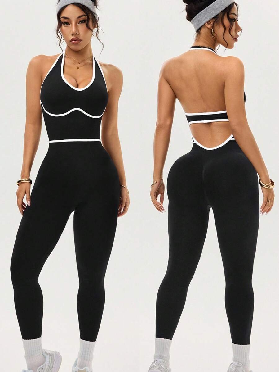 Easithlete Women's Backless Racerback Jumpsuit Workout Pants - Black - View 1