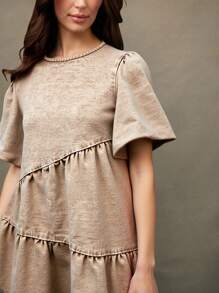 WESTFADE Puff Sleeve Asymmetrical Tiered Denim Mini Dress Cowgirl Outfit - Khaki - View 2