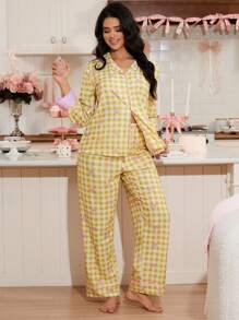 SweetSlumber Plaid Bow Ruched Women Pajama Set, Fall Clothes - Yellow - View 6