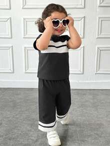 SHEIN Baby Girl Black And White Striped Summer Outfit,Casual Vacation Loose Drop Shoulder Splice Contrast Color Top And Wide Leg Knit Pant Set Clothes - Black - View 4