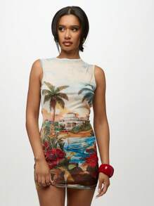 SUMWON WOMEN Đầm mini Tropical Paradise Resort Hawaii kỳ nghỉ lưới ba lỗ Đồ đi biển mùa hè Hồ bơi hoàng hôn In họa tiết cây cọ Không tay - Nhiều màu - Xem 4