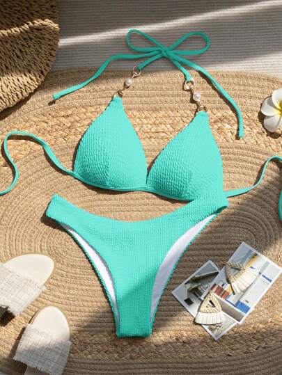 SHEIN Swim Vacation Beach Solid Color Textured Tankini Swimsuit