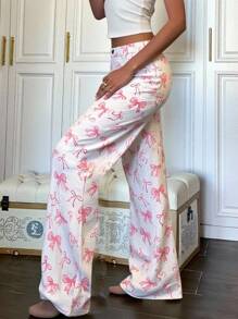 Teen Girl Casual Straight Wide Leg Bowknot Print Jeans,Pink Summer Streetwear Holiday Design,Multiple Pockets Elastic Waist Zipper Fly Denim Pants - Multicolor - View 1