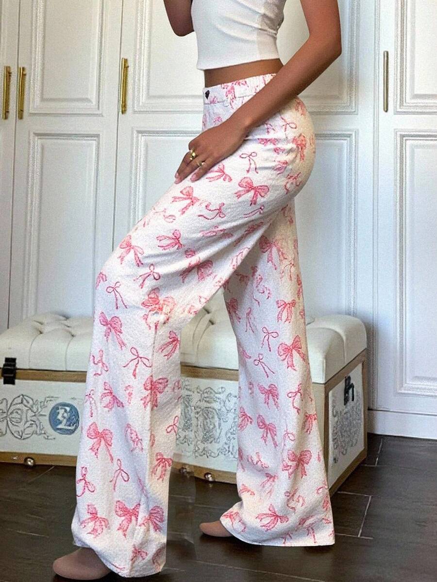 Teen Girl Casual Straight Wide Leg Bowknot Print Jeans,Pink Summer Streetwear Holiday Design,Multiple Pockets Elastic Waist Zipper Fly Denim Pants - Multicolor - View 1