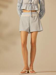 CAJUNI Women's Lace Splicing Stripe Loose Fashion Super Shorts - Multicolor - View 3