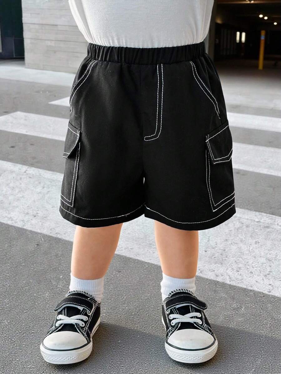 Baby Boy & Girl Casual Contrast Color Line Decorated Woven Shorts, Suitable For Spring & Summer Wear, Indoor & Outdoor - Black - View 1