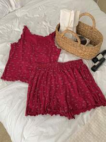 DAZY 2 st. dampyjamasset med blommig stickning och bekväm passform - Bourgogne - Visa 7