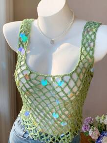 SHEIN EZwear Women's Summer Vacation Hand-Crocheted Heavy Beaded Camisole Sexy Tops Women