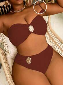 Slaydiva New Plus Size Women Bandeau Two Pieces Bikini Set, White Removable Strap Triangle Swimwear For Summer Beach Vacation - Brown - View 6